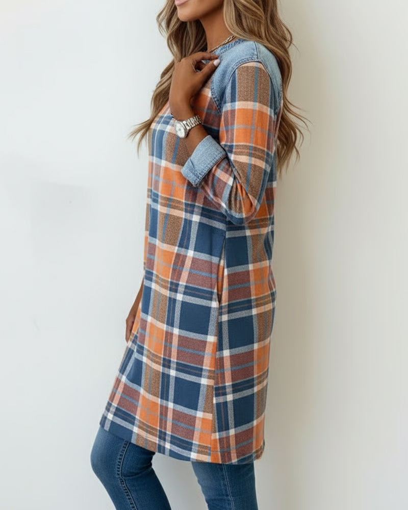 Plaid Patchwork Denim Dress