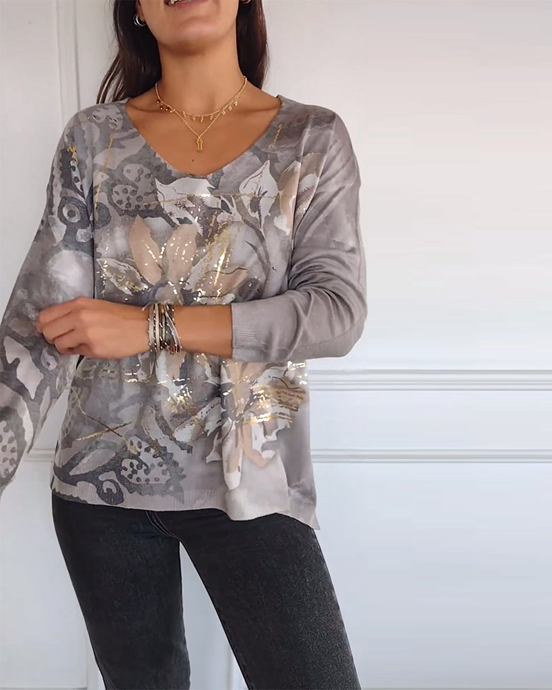 Vintage floral print V-neck long-sleeved top