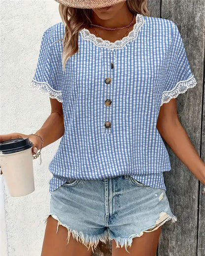 Round Neck Lace Patchwork Striped Blouse