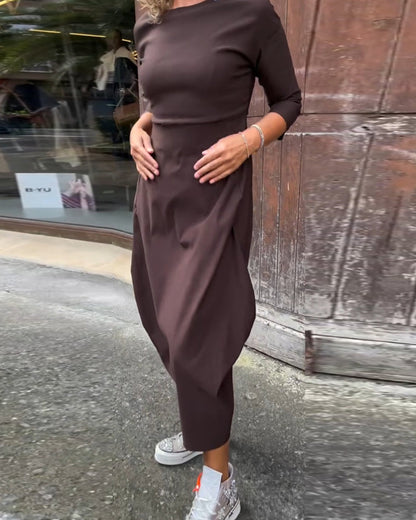 Simple solid color pocket long sleeve elegant dress