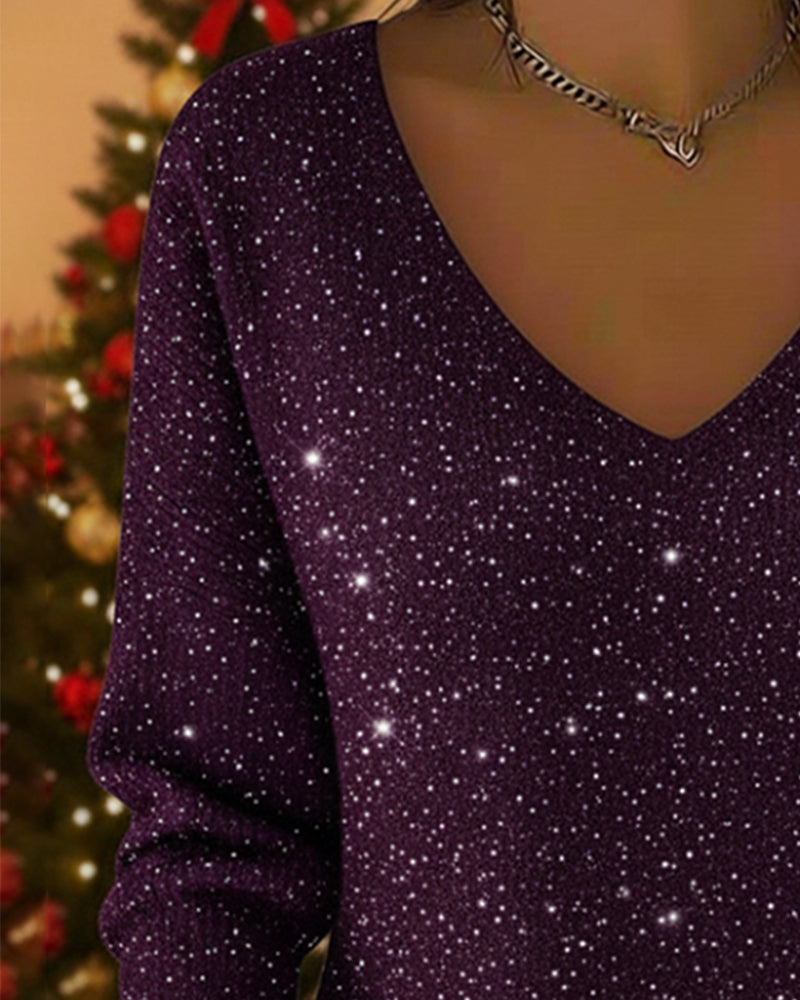 V-Neck Gold Thread Glitter Jumper