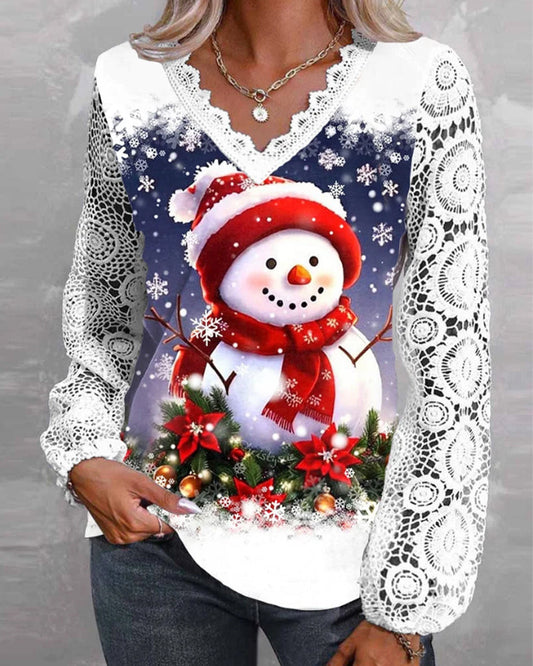 Lace Patchwork Snowman Print Top