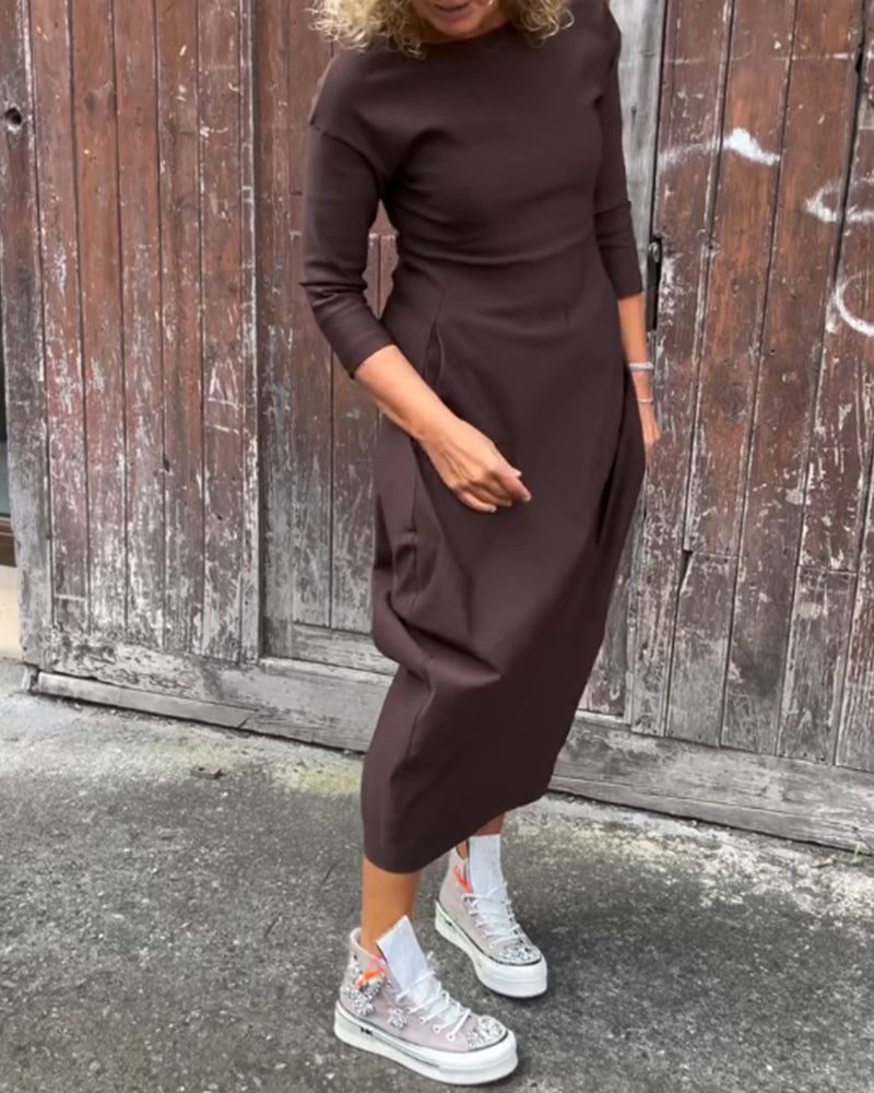 Simple solid color pocket long sleeve elegant dress