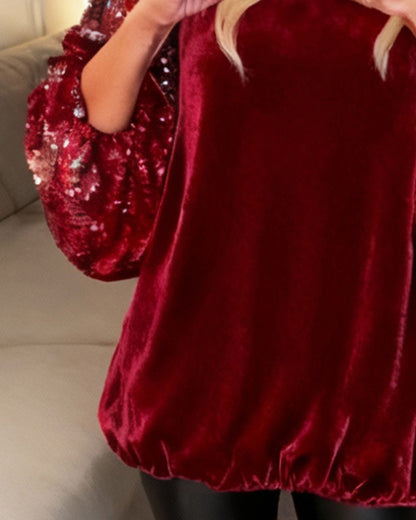 Solid Color Long-Sleeved Sequined Patchwork Top