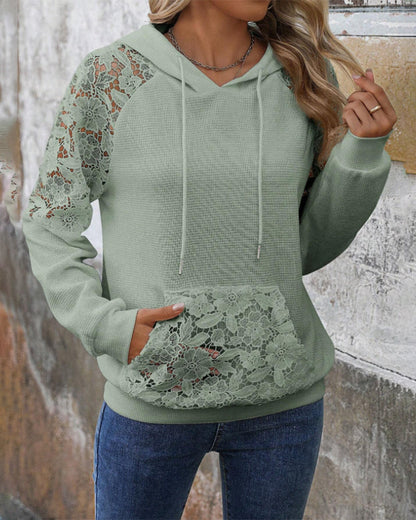 V-Neck Long-Sleeved Lace Casual Hoodie